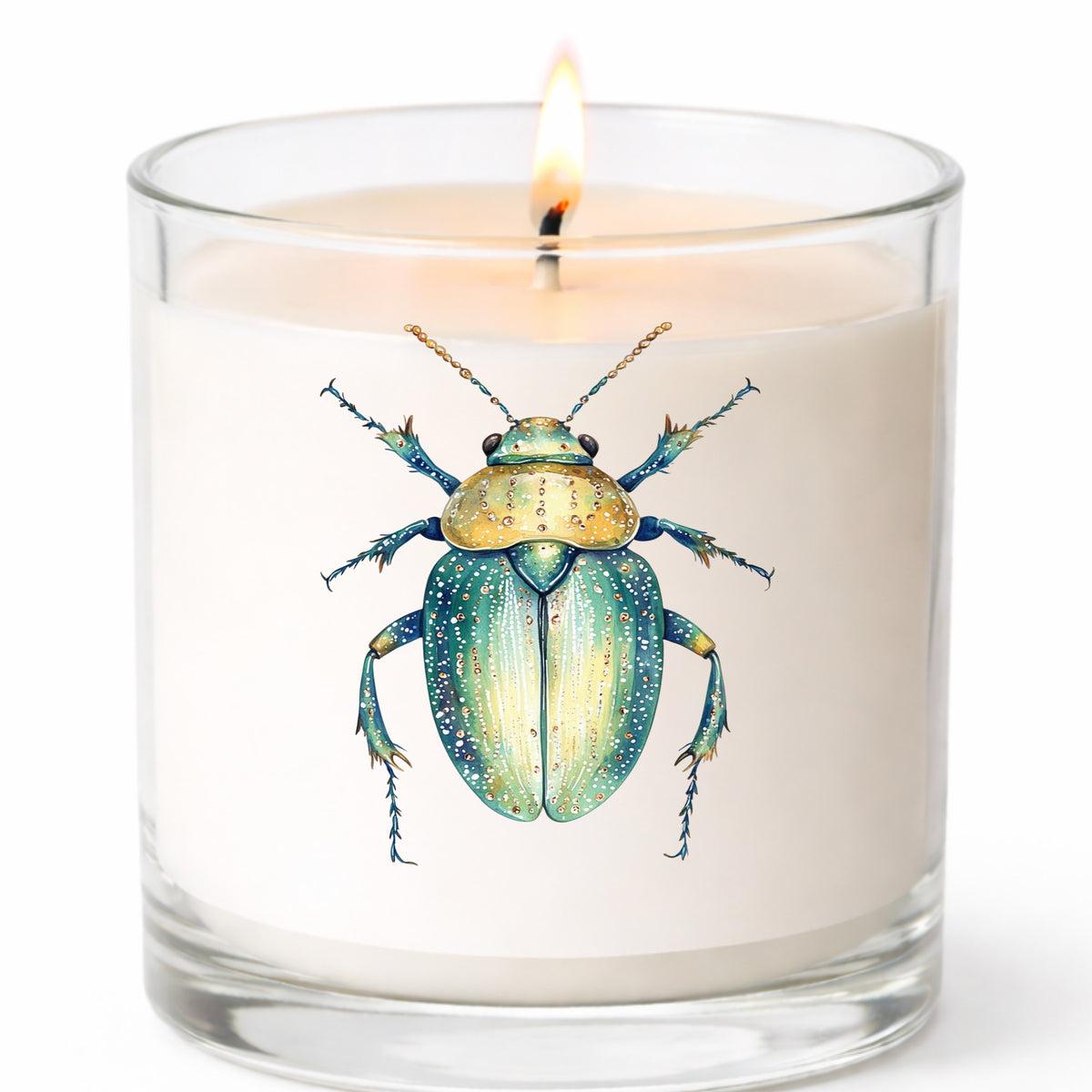 White Dotted Teal Beetle UV DTF sticker applied to a white candle in a clear glass jar