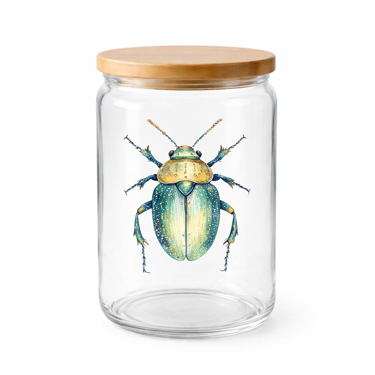 White Dotted Teal Beetle UV DTF sticker applied to a clear glass jar with a wooden lid
