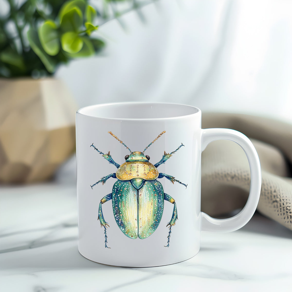 White Dotted Teal Beetle UV DTF sticker applied to a white coffee mug