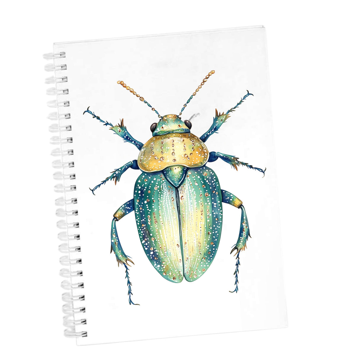 White Dotted Teal Beetle UV DTF sticker applied to the cover of a white spiral journal