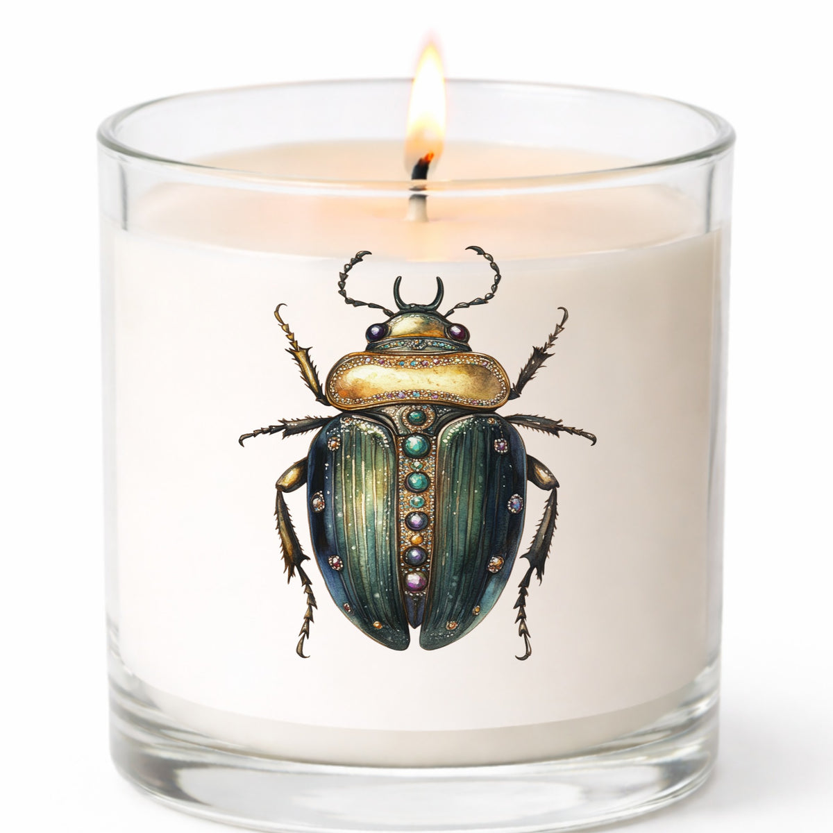Jeweled Gold Scarab Beetle UV DTF sticker applied to a white candle in a clear glass jar