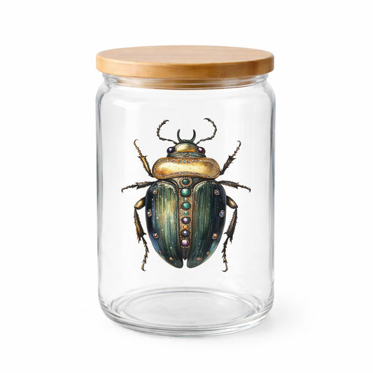 Jeweled Gold Scarab Beetle UV DTF sticker applied to a clear glass jar with a wooden lid