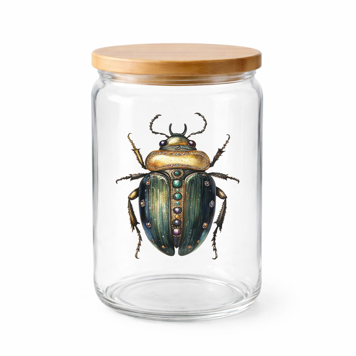 Jeweled Gold Scarab Beetle UV DTF sticker applied to a clear glass jar with a wooden lid