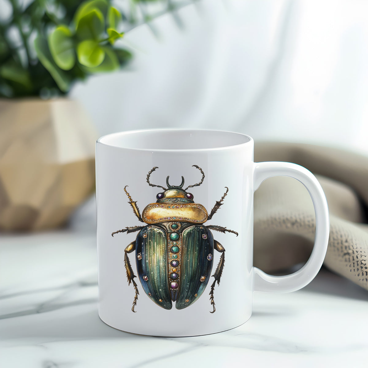 Jeweled Gold Scarab Beetle UV DTF sticker applied to a white coffee mug