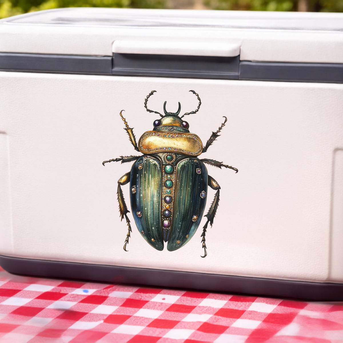 Jeweled Gold Scarab Beetle UV DTF sticker applied to a white cooler on a red gingham cloth