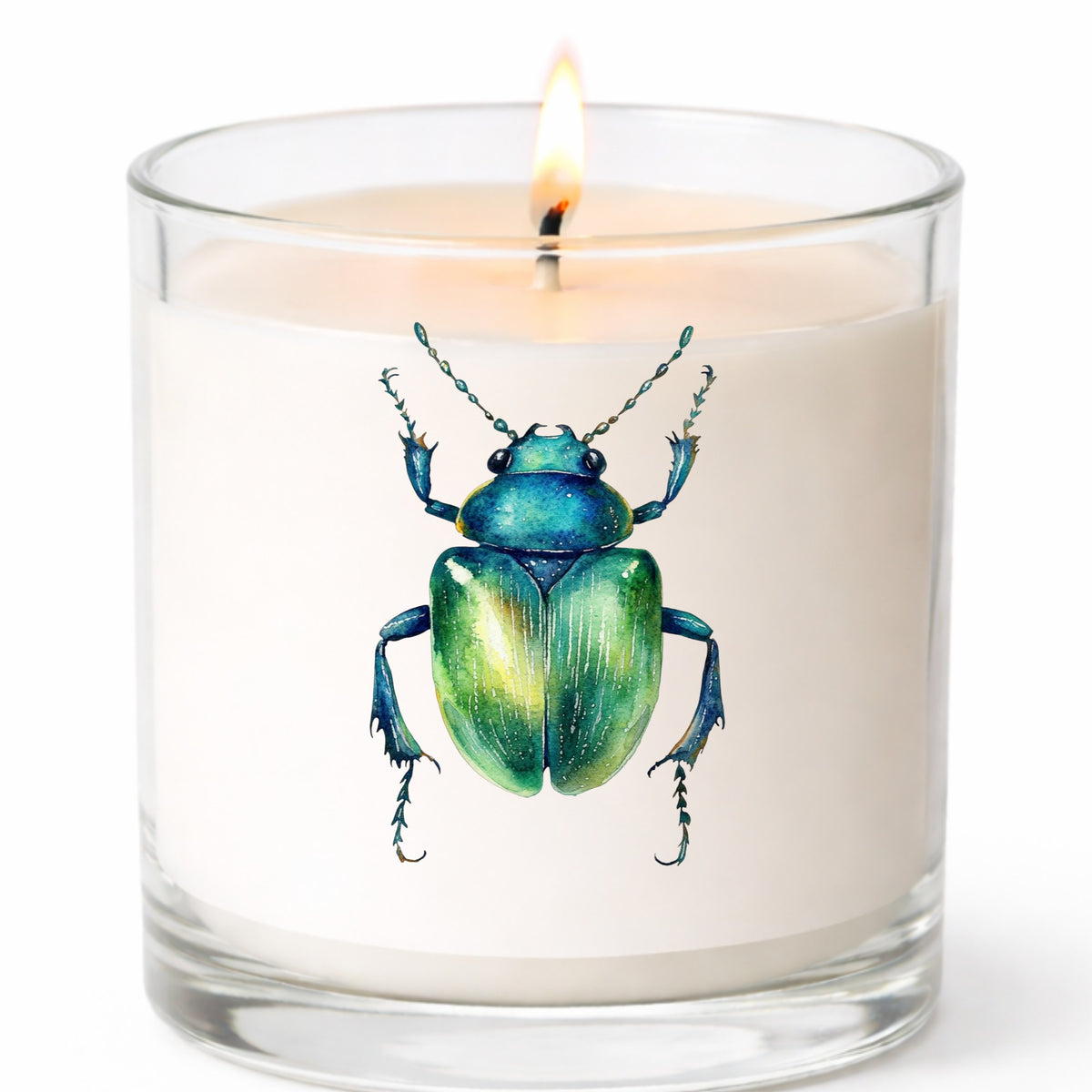 Emerald Green Beetle UV DTF sticker applied to a white candle in a clear glass jar