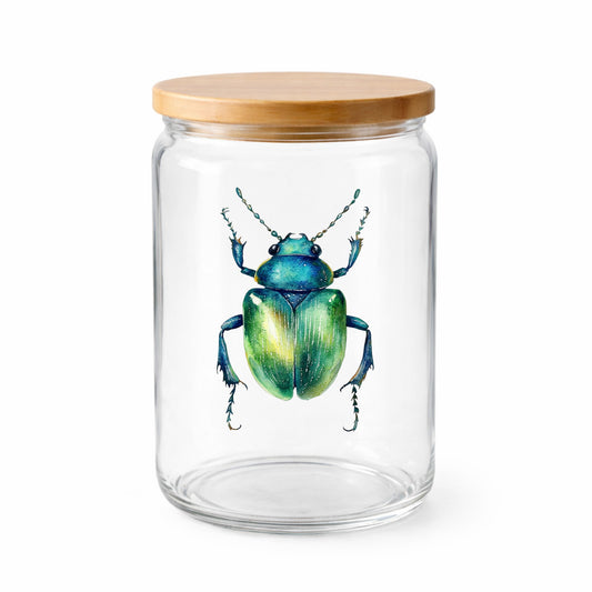 Emerald Green Beetle UV DTF sticker applied to a clear glass jar with a wooden lid