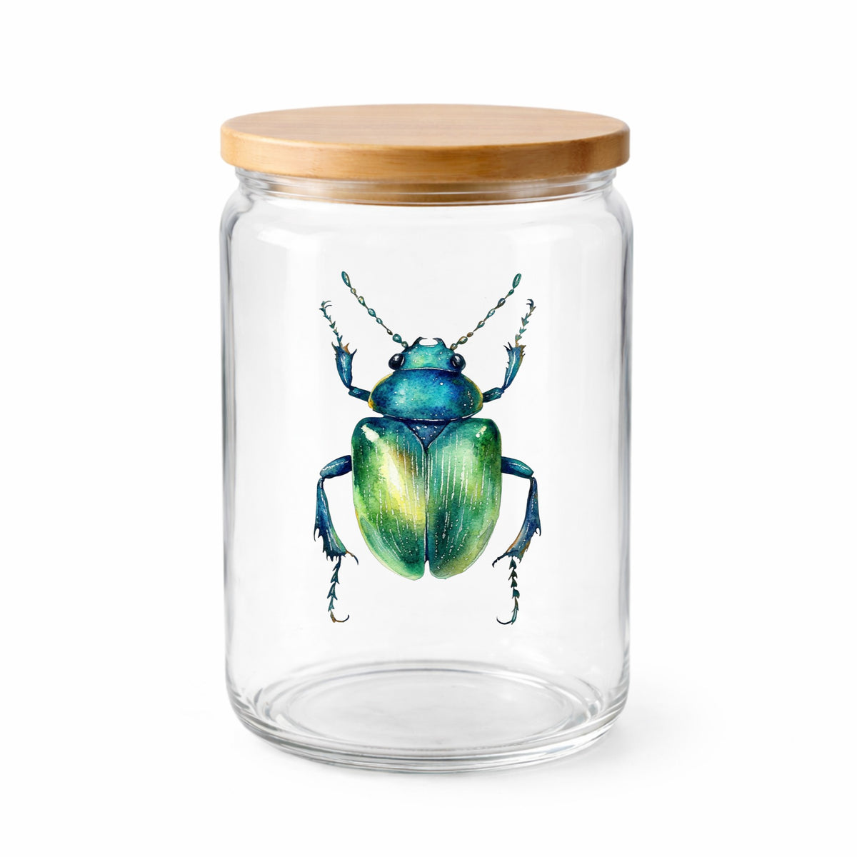 Emerald Green Beetle UV DTF sticker applied to a clear glass jar with a wooden lid