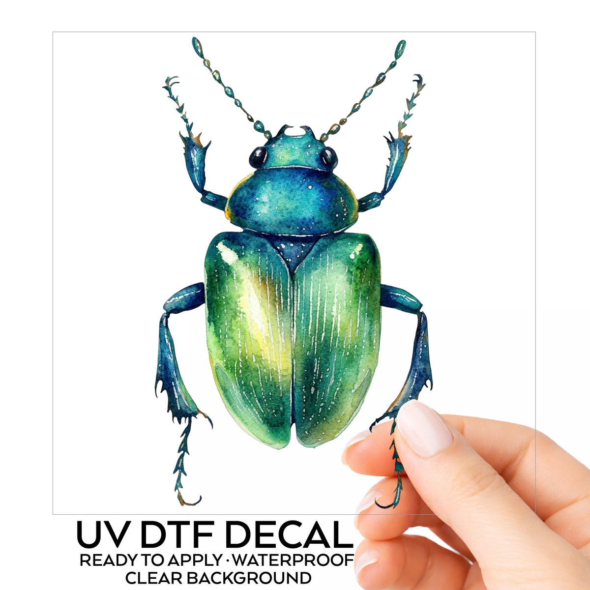 Emerald Green Beetle UV DTF sticker on its backing card, held in hand