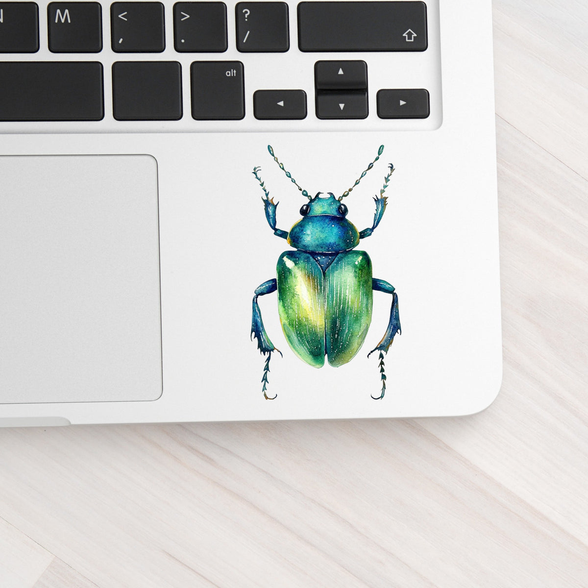 Emerald Green Beetle UV DTF sticker applied to a silver laptop beside the keyboard