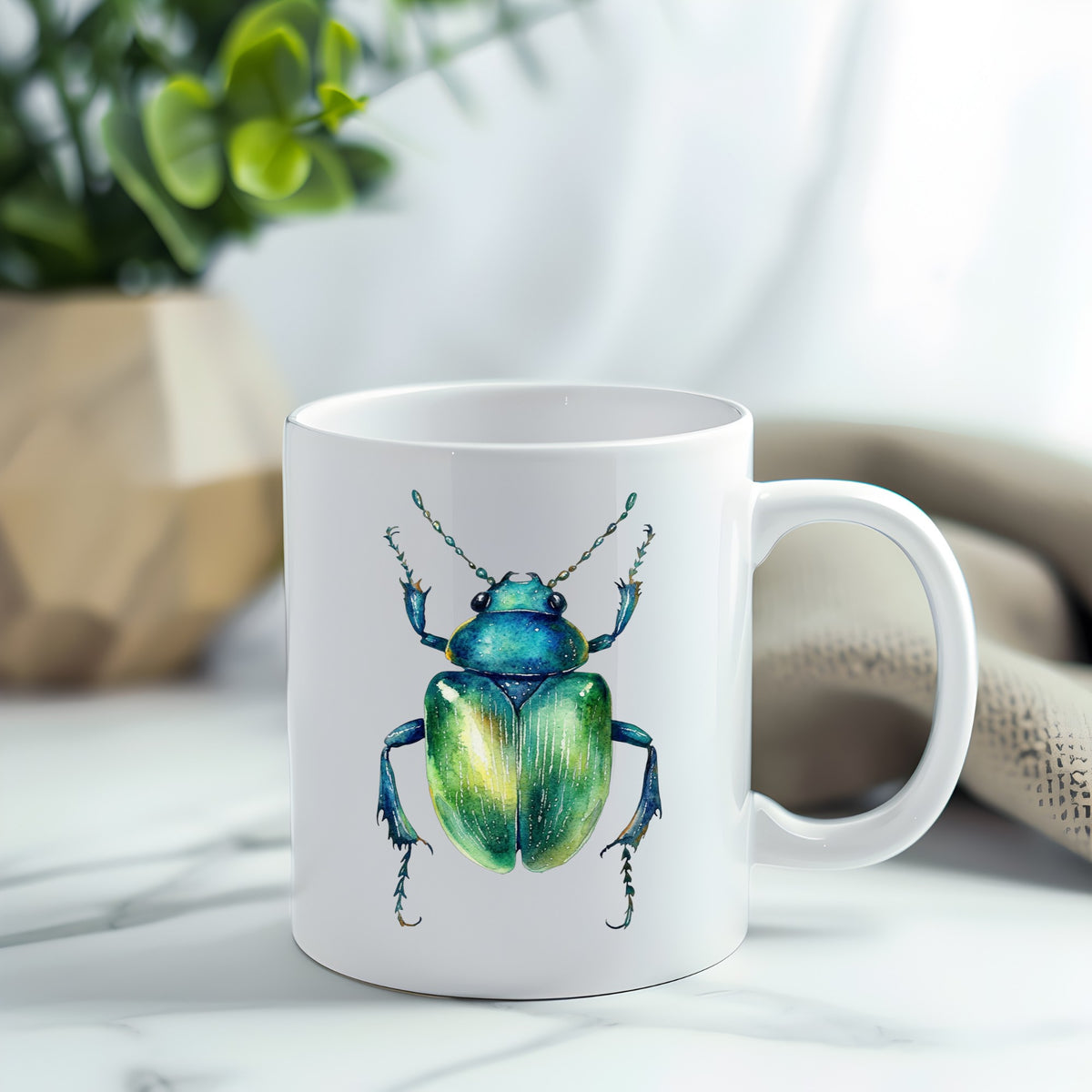 Emerald Green Beetle UV DTF sticker applied to a white coffee mug
