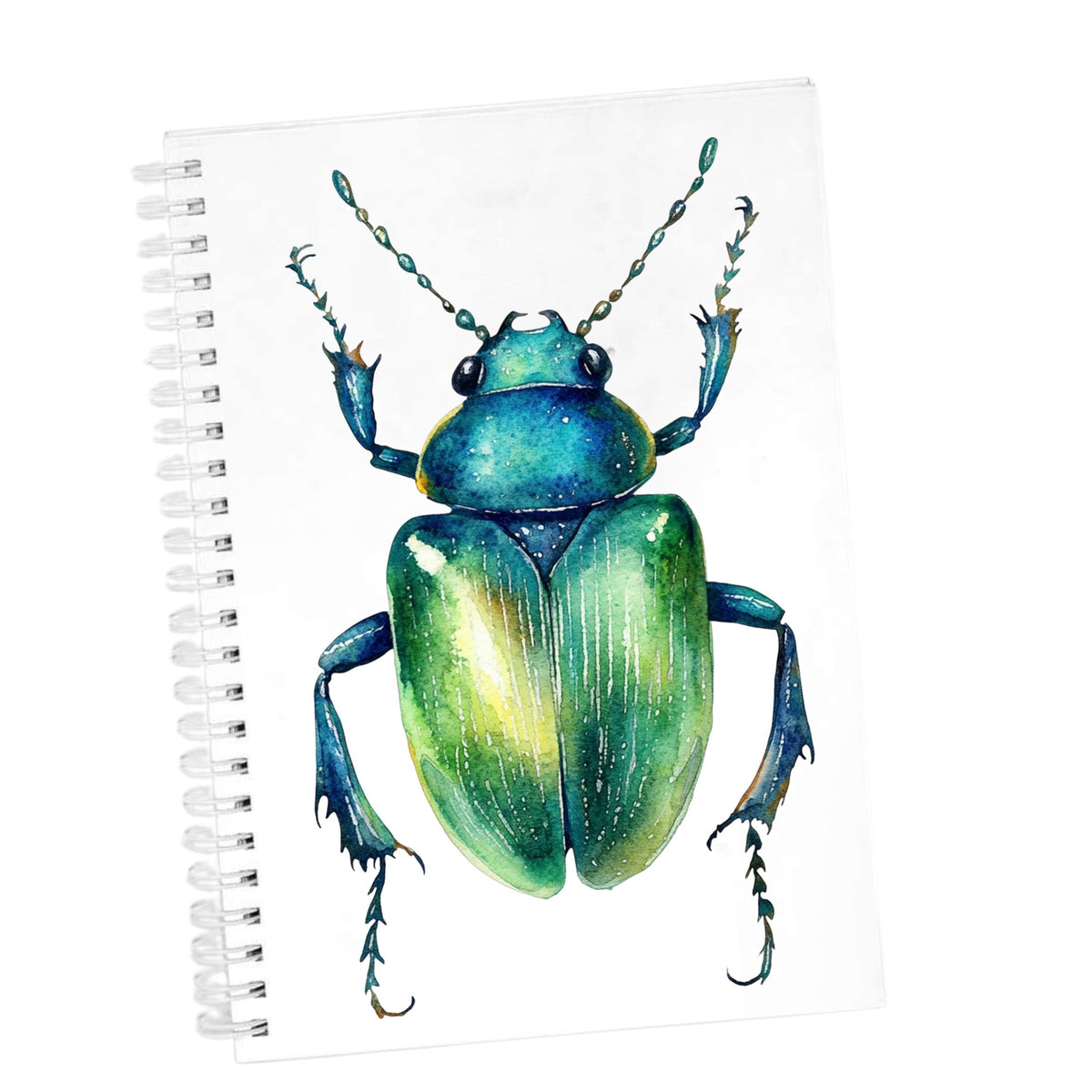 Emerald Green Beetle UV DTF sticker applied to the cover of a white spiral journal