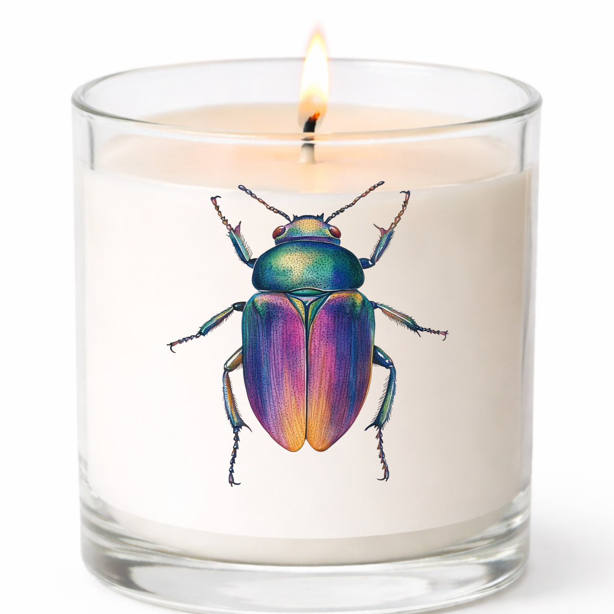 Rainbow Iridescent Beetle UV DTF sticker applied to a white candle in a clear glass jar