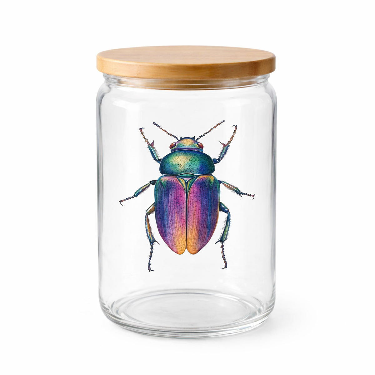Rainbow Iridescent Beetle UV DTF sticker applied to a clear glass jar with a wooden lid