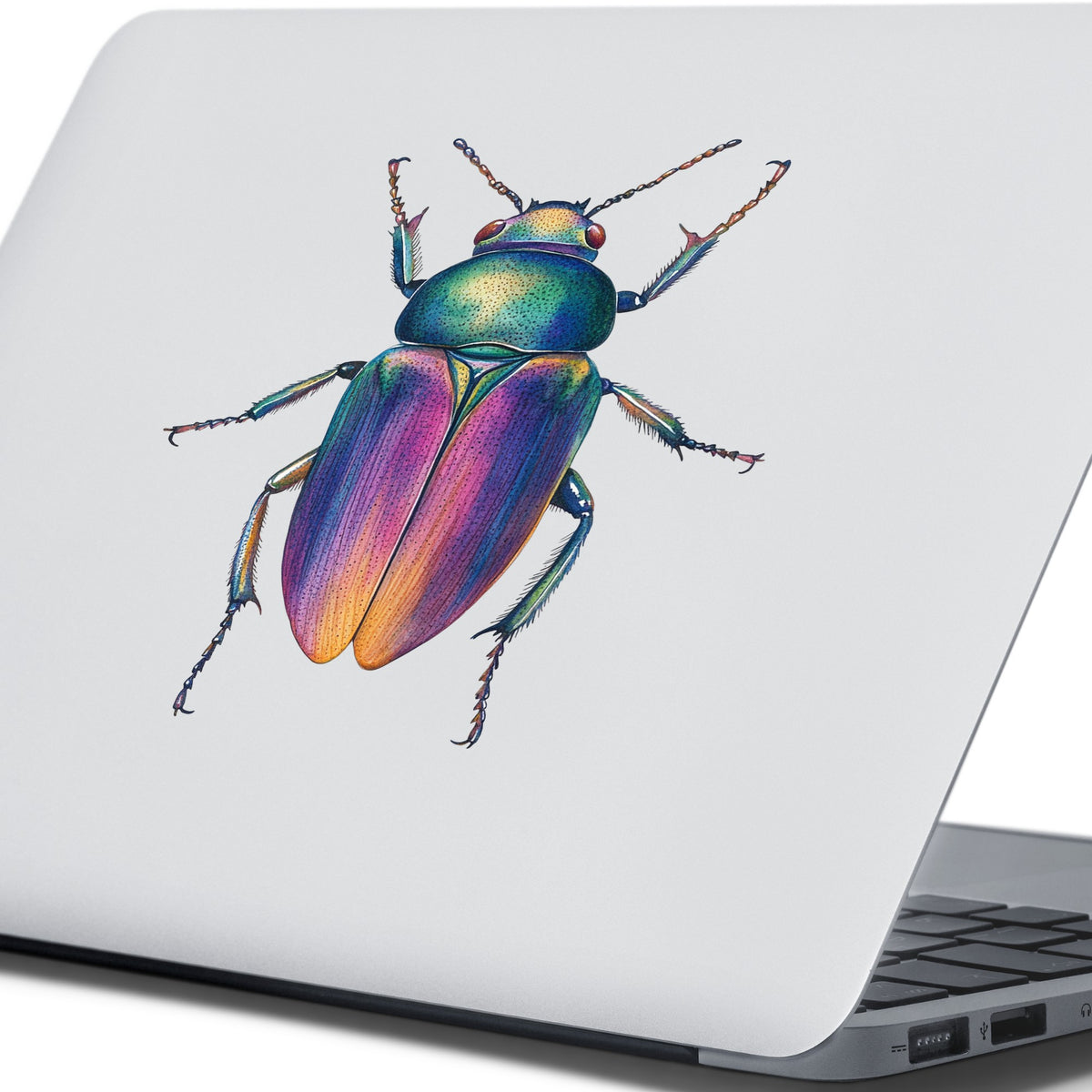 Rainbow Iridescent Beetle UV DTF sticker applied to the lid of a silver laptop