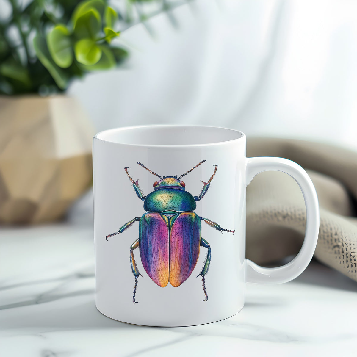 Rainbow Iridescent Beetle UV DTF sticker applied to a white coffee mug