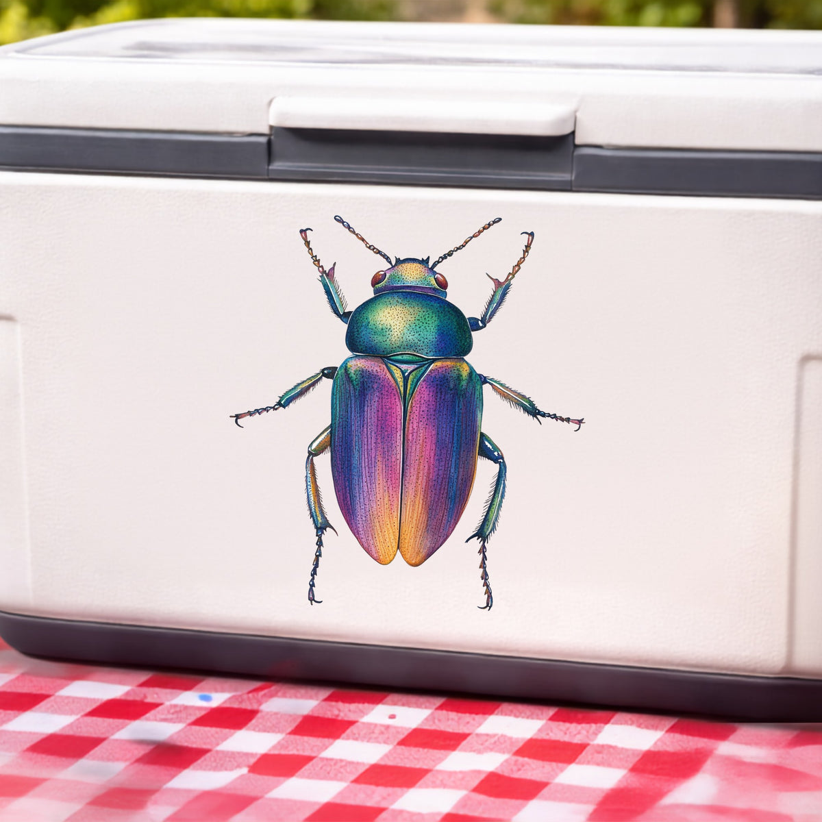 Rainbow Iridescent Beetle UV DTF sticker applied to a white cooler on a red gingham cloth