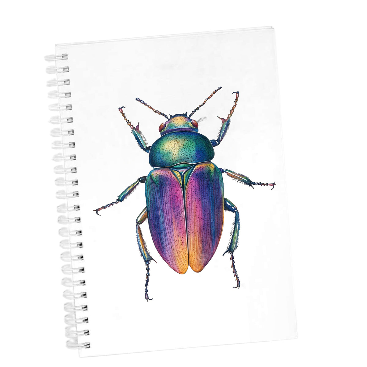 Rainbow Iridescent Beetle UV DTF sticker applied to the cover of a white spiral journal