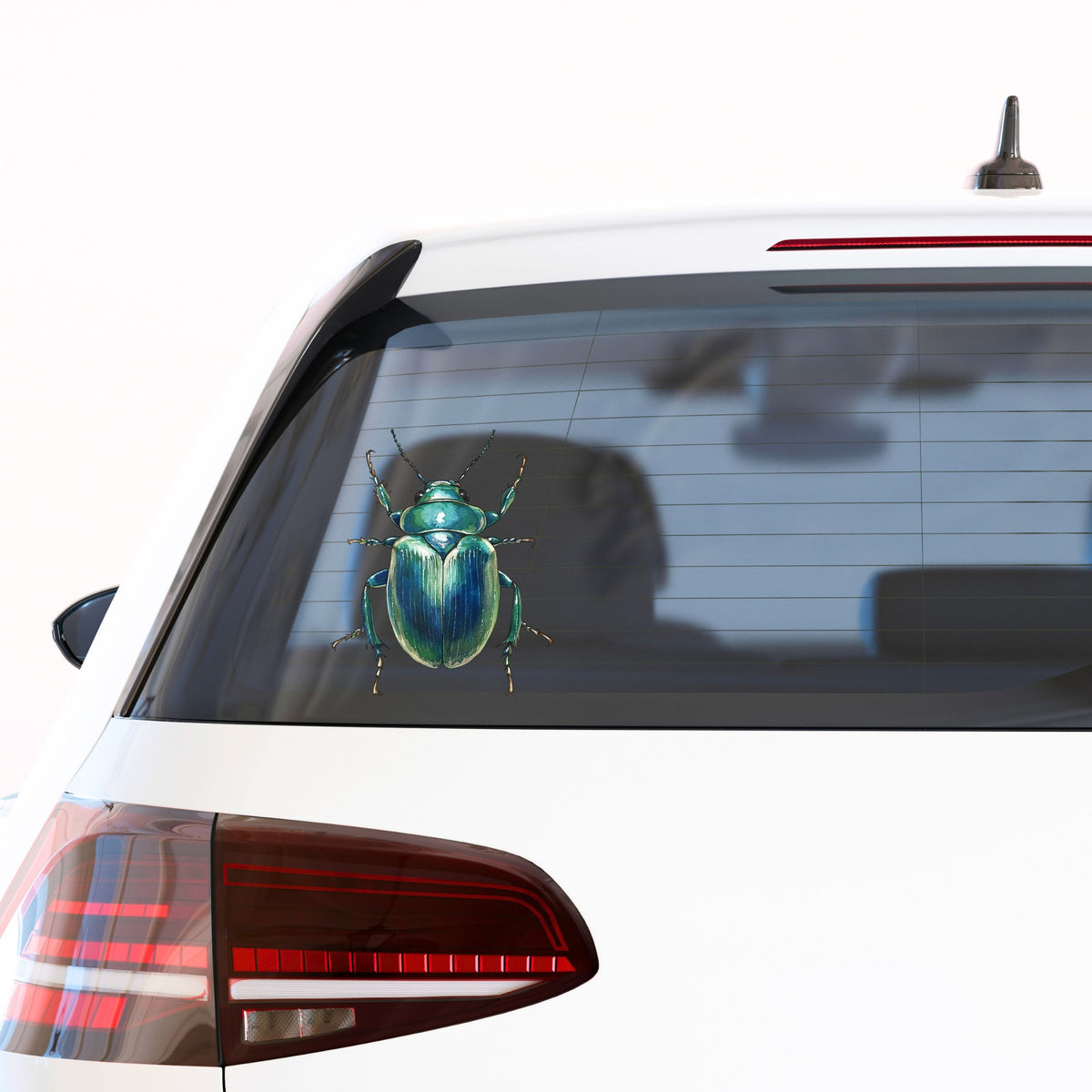 Striped Teal Beetle UV DTF sticker applied to the rear window of a white car