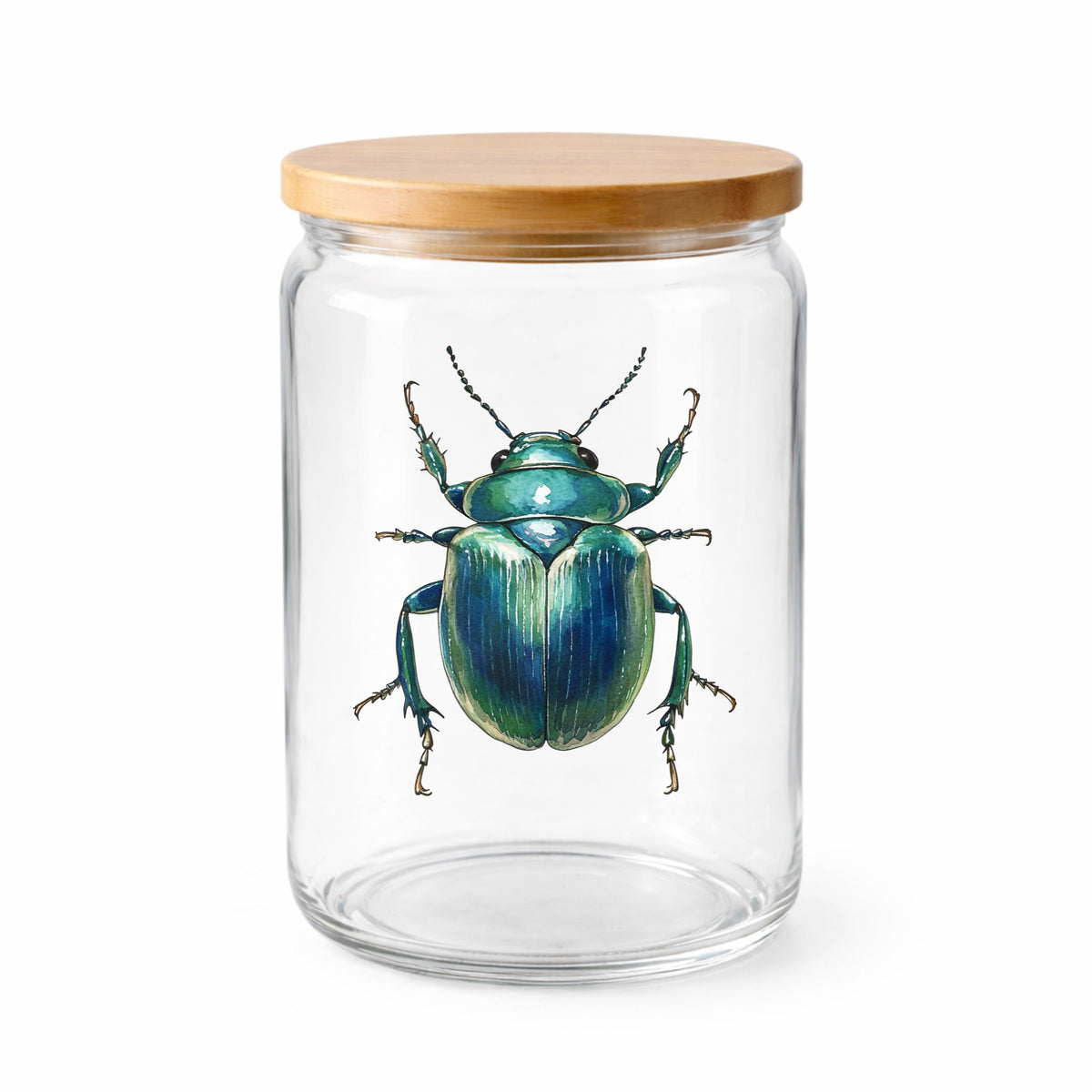 Striped Teal Beetle UV DTF sticker applied to a clear glass jar with a wooden lid
