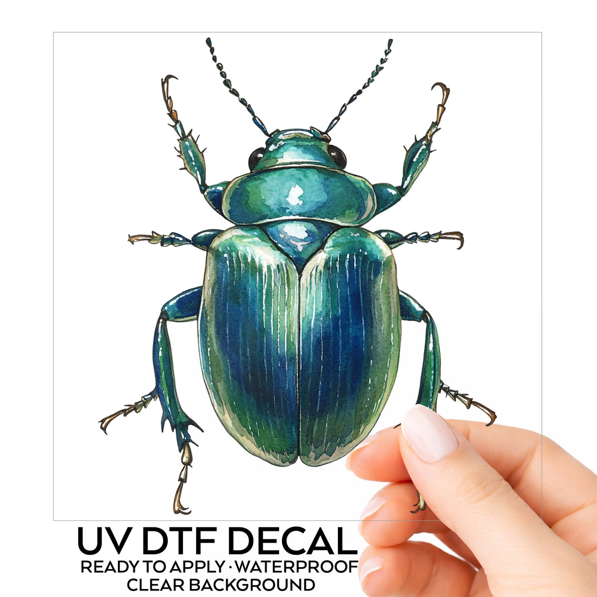 Striped Teal Beetle UV DTF sticker on its backing card, held in hand