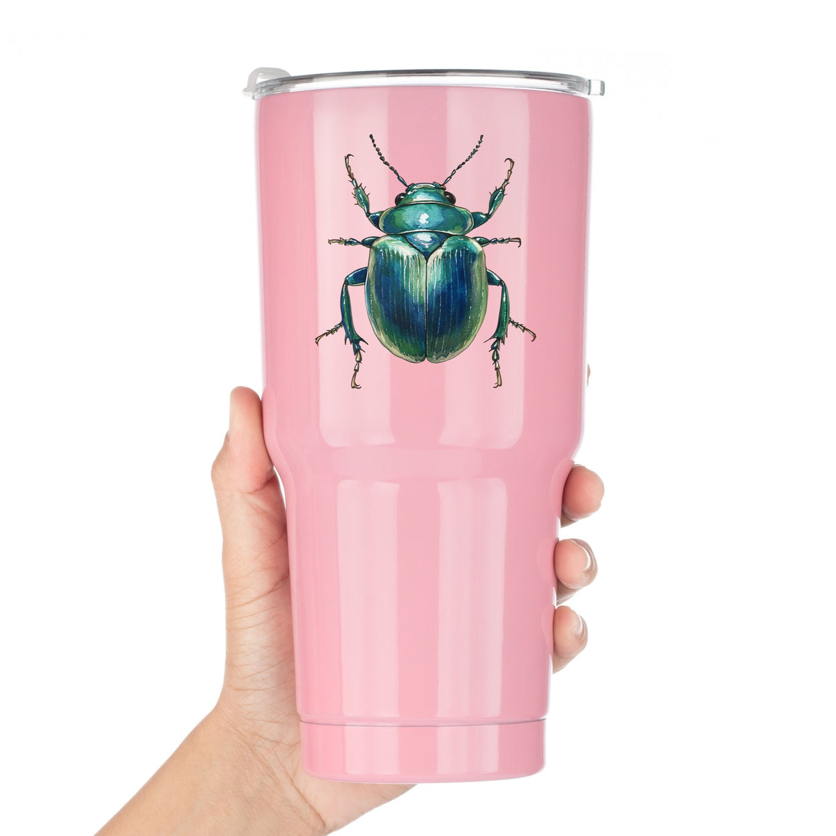 Striped Teal Beetle UV DTF sticker applied to a pink tumbler held against a white background