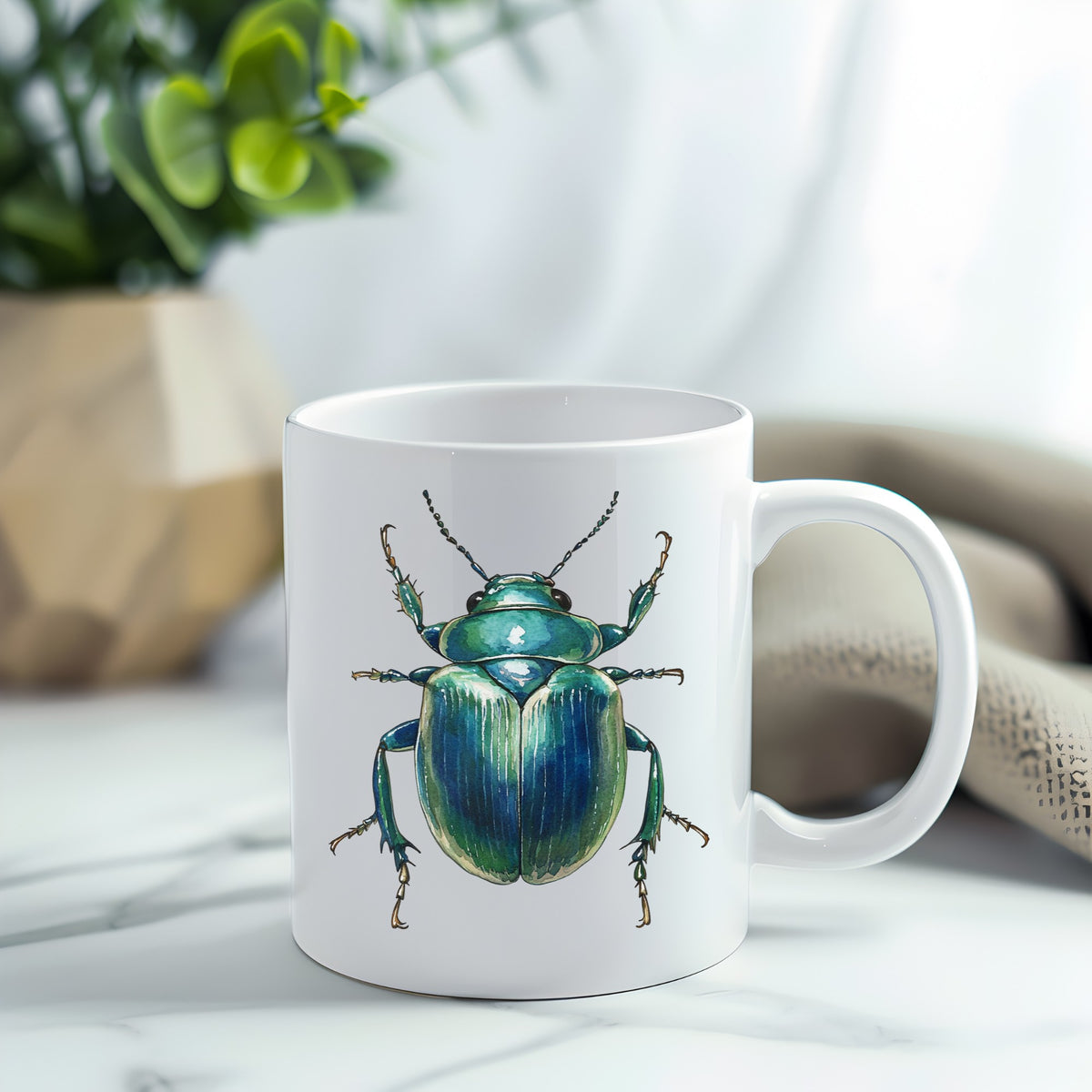 Striped Teal Beetle UV DTF sticker applied to a white coffee mug