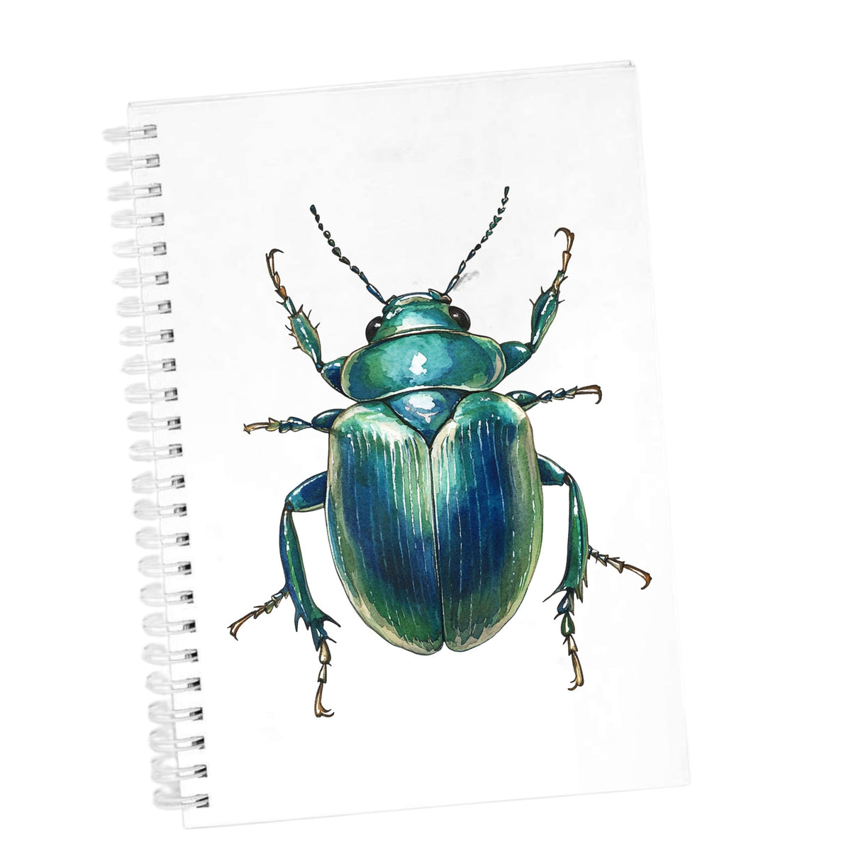 Striped Teal Beetle UV DTF sticker applied to the cover of a white spiral journal