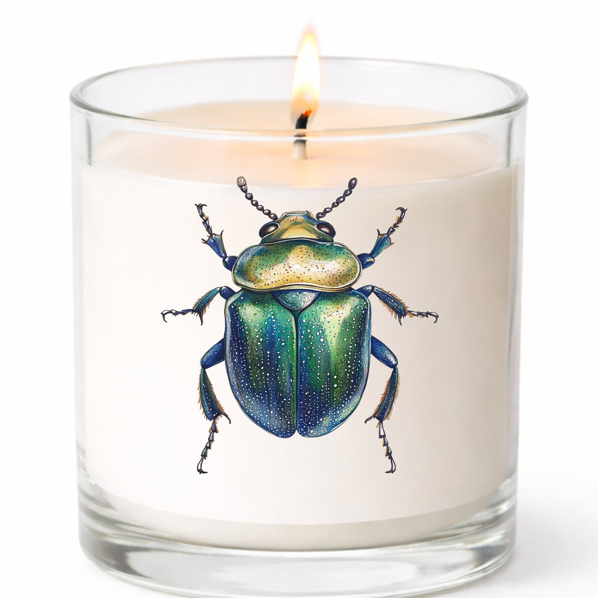 Speckled Green Beetle UV DTF sticker applied to a white candle in a clear glass jar