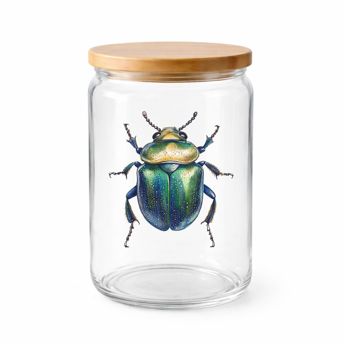 Speckled Green Beetle UV DTF sticker applied to a clear glass jar with a wooden lid