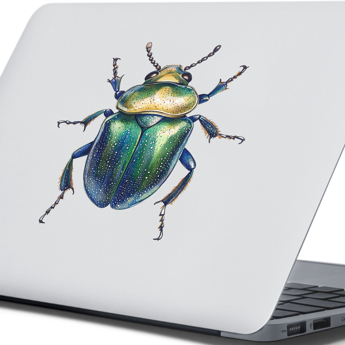 Speckled Green Beetle UV DTF sticker applied to the lid of a silver laptop