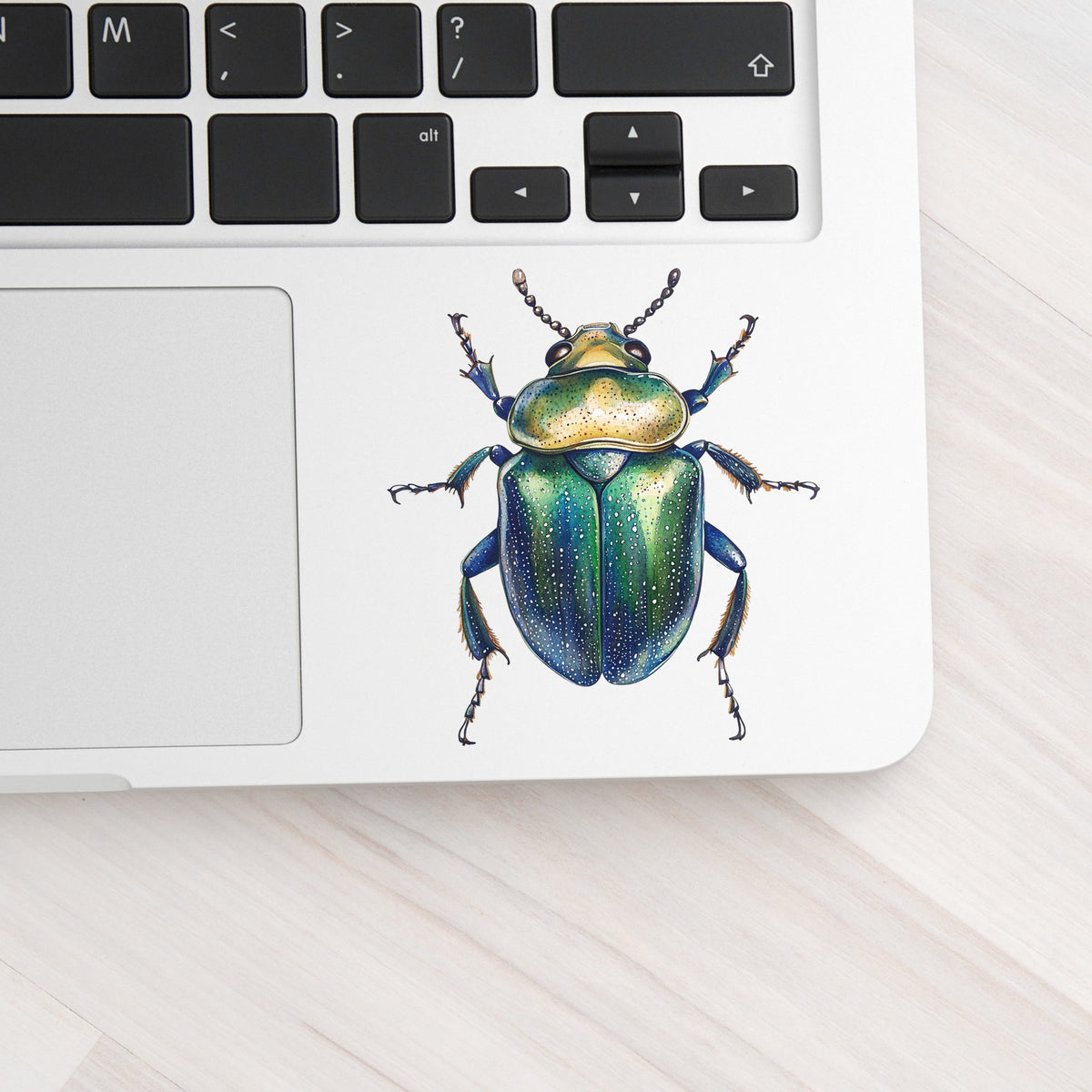 Speckled Green Beetle UV DTF sticker applied to a silver laptop beside the keyboard