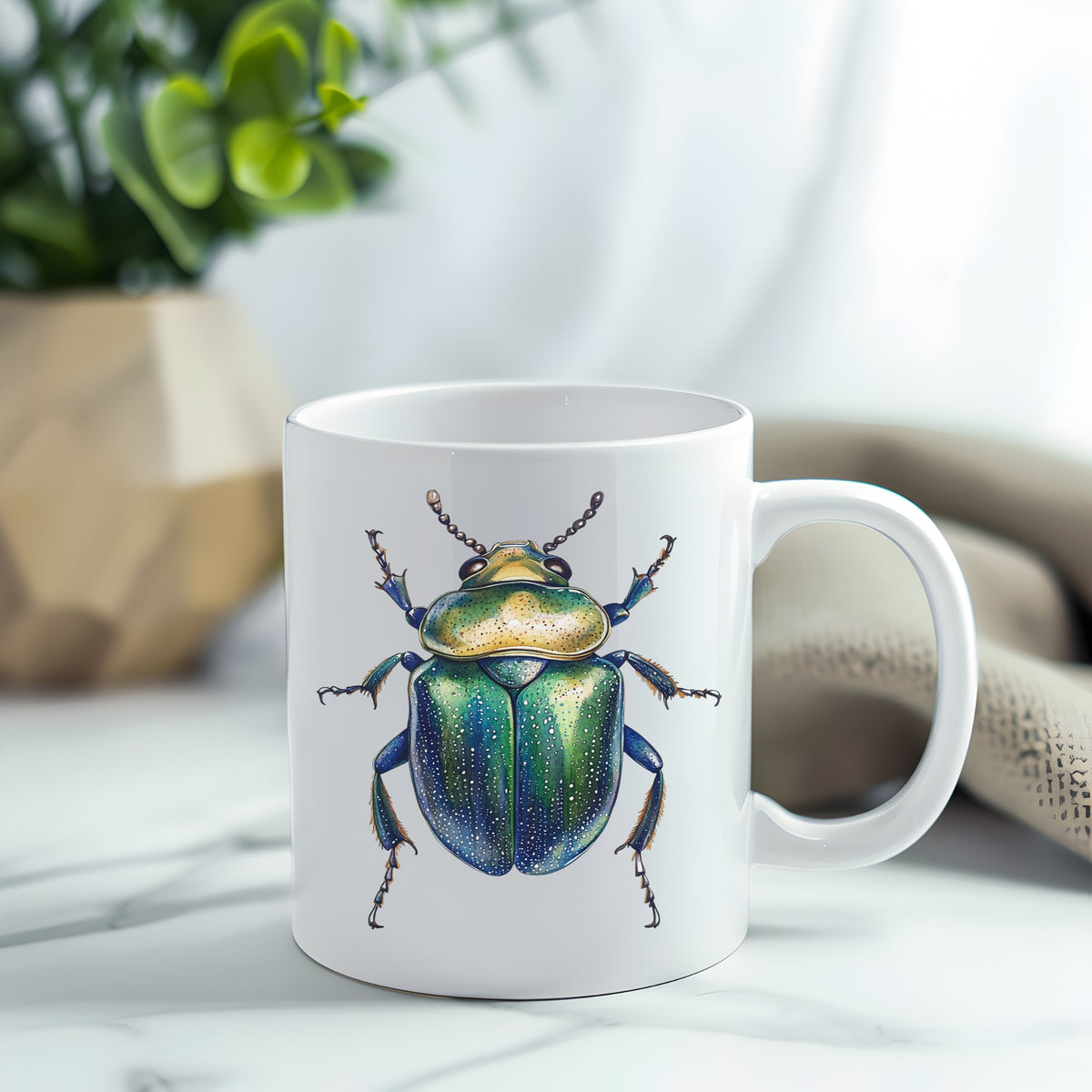 Speckled Green Beetle UV DTF sticker applied to a white coffee mug