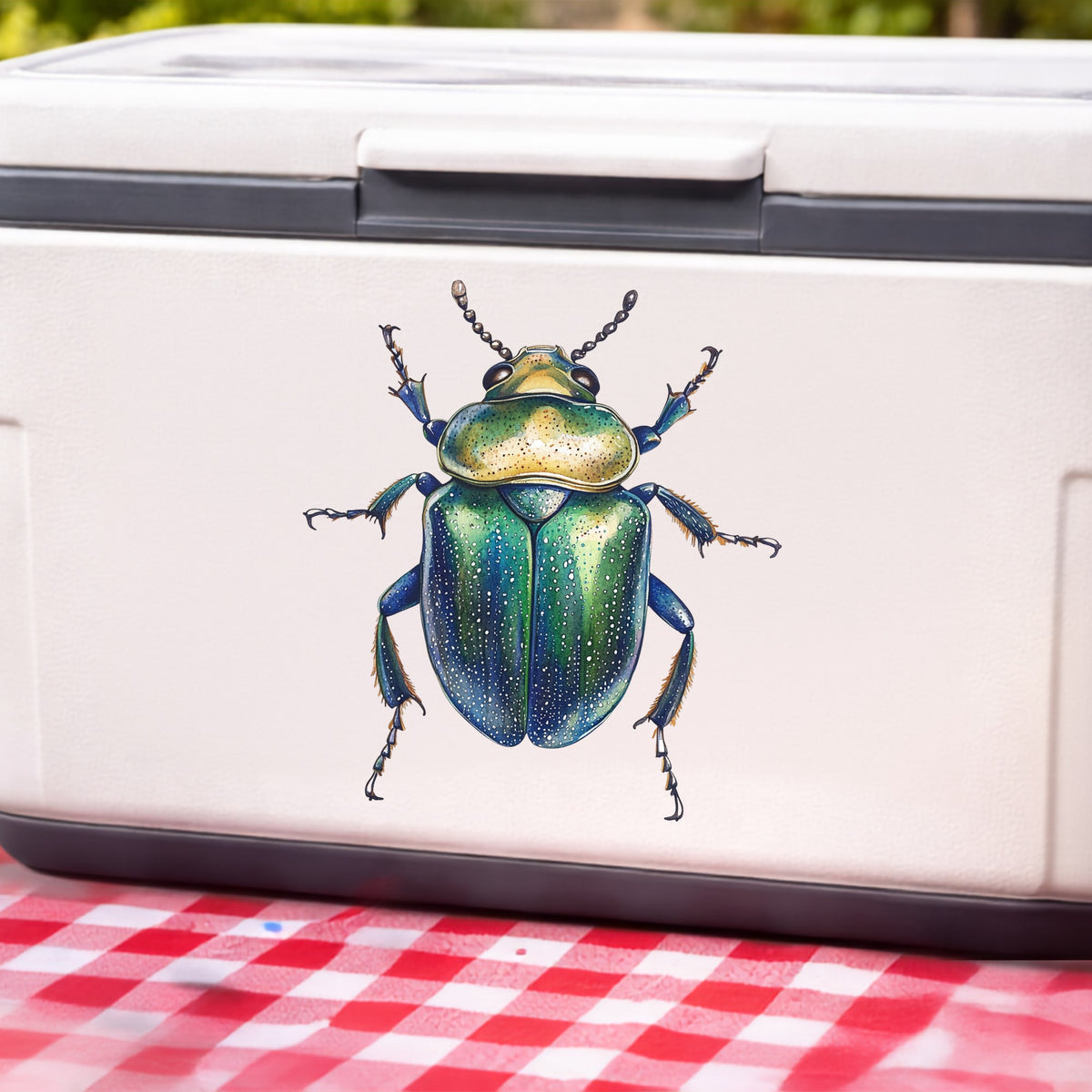 Speckled Green Beetle UV DTF sticker applied to a white cooler on a red gingham cloth