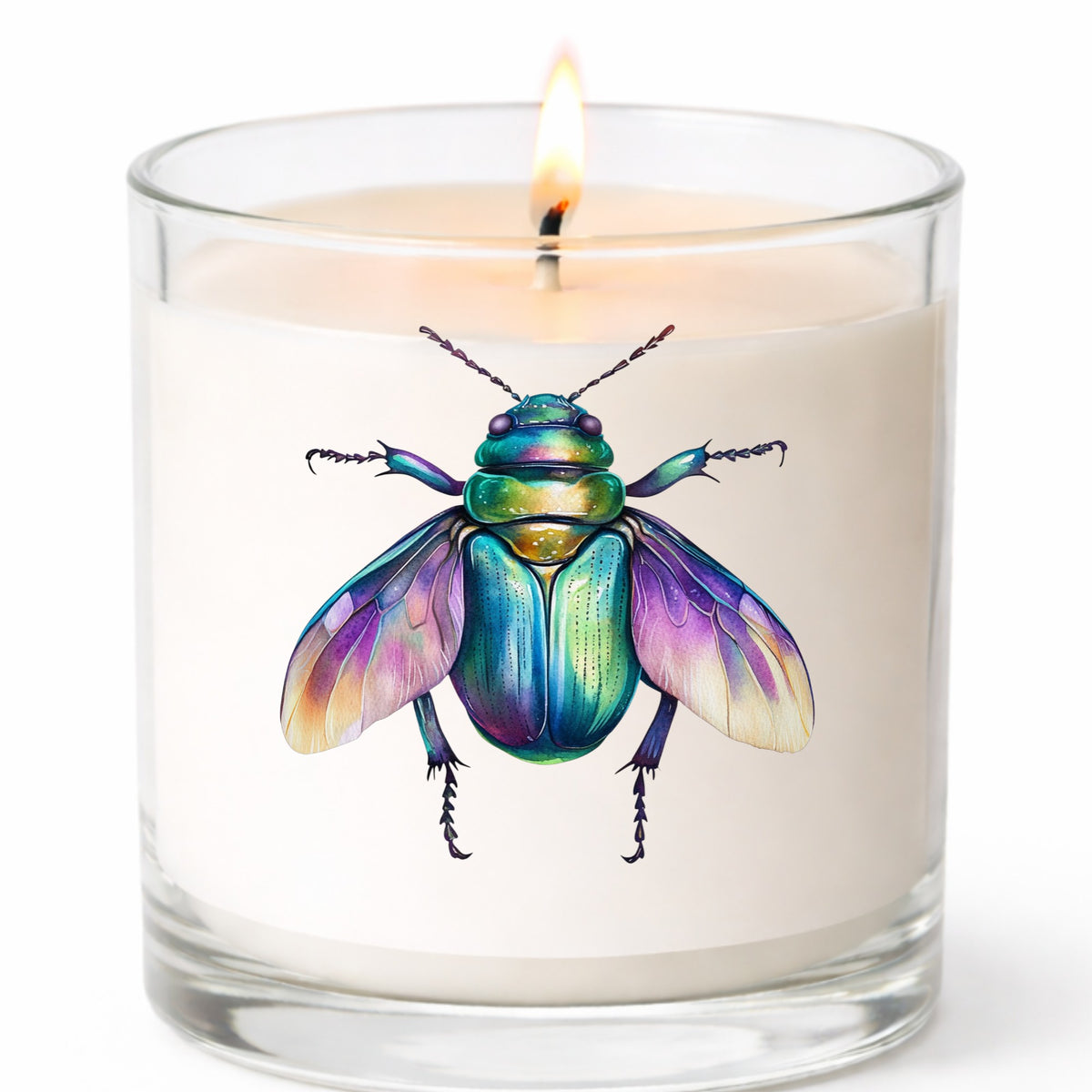Flying Beetle With Open Wings UV DTF sticker applied to a white candle in a clear glass jar