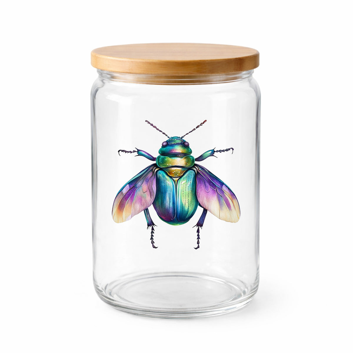 Flying Beetle With Open Wings UV DTF sticker applied to a clear glass jar with a wooden lid