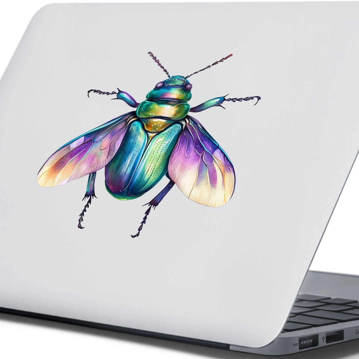 Flying Beetle With Open Wings UV DTF sticker applied to the lid of a silver laptop