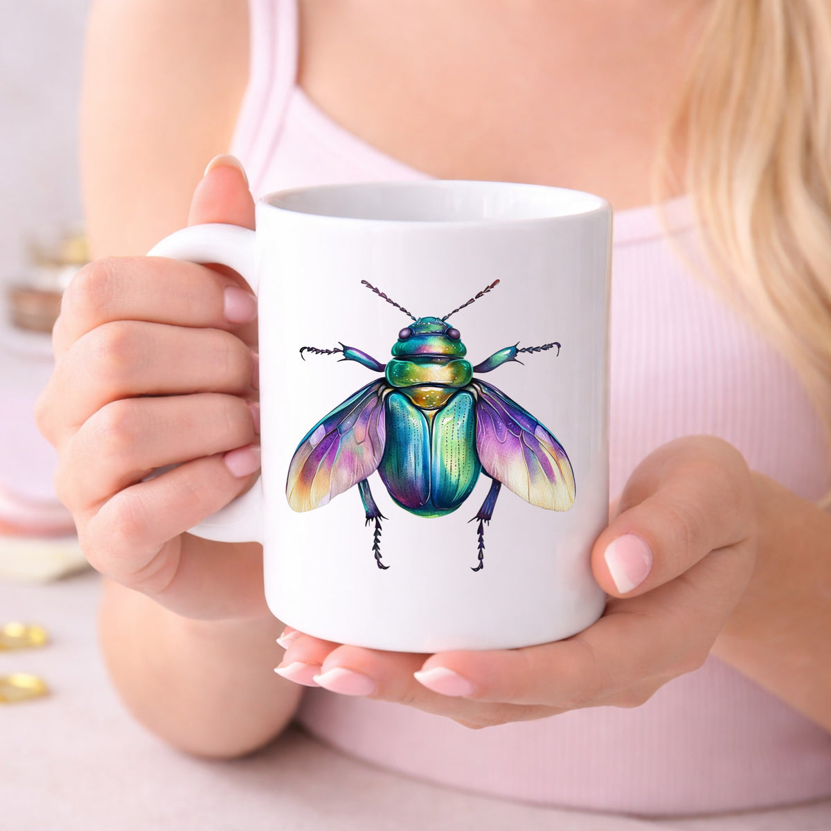 Flying Beetle With Open Wings UV DTF sticker applied to a white coffee mug held in both hands
