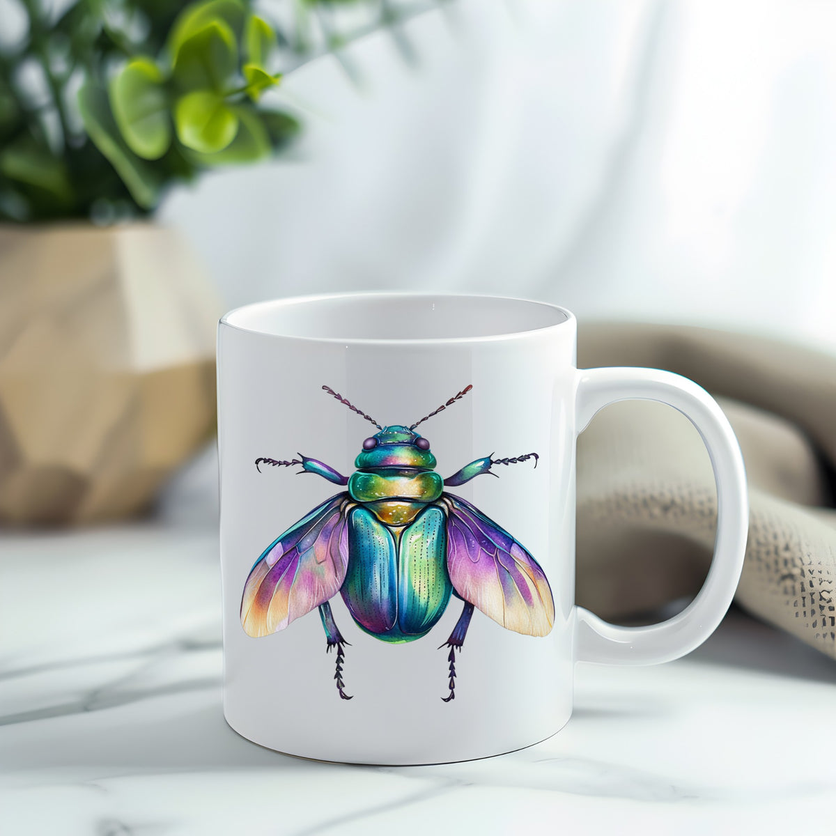 Flying Beetle With Open Wings UV DTF sticker applied to a white coffee mug