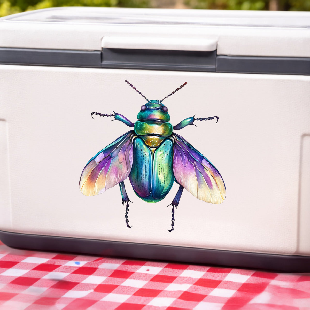 Flying Beetle With Open Wings UV DTF sticker applied to a white cooler on a red gingham cloth