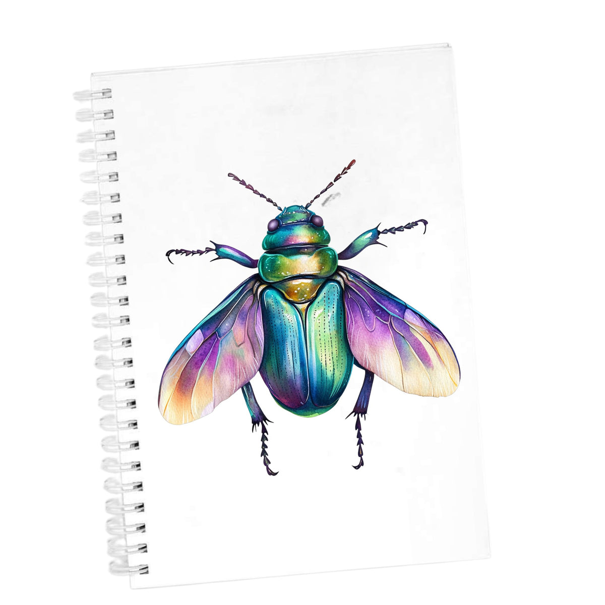 Flying Beetle With Open Wings UV DTF sticker applied to the cover of a white spiral journal