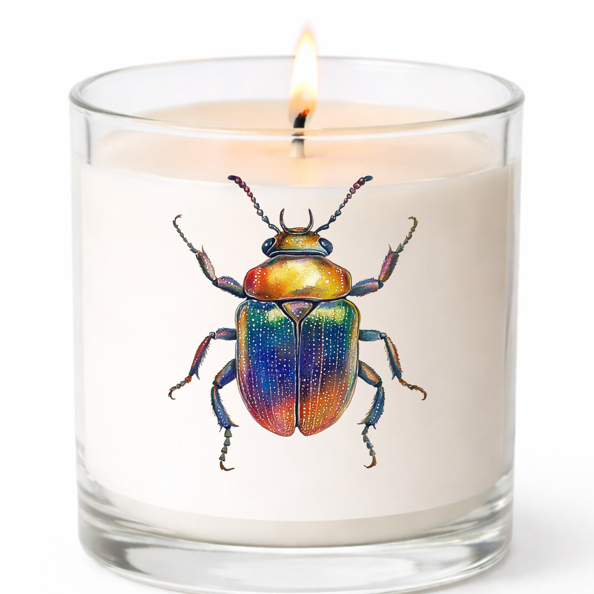 Horned Rainbow Beetle UV DTF sticker applied to a white candle in a clear glass jar