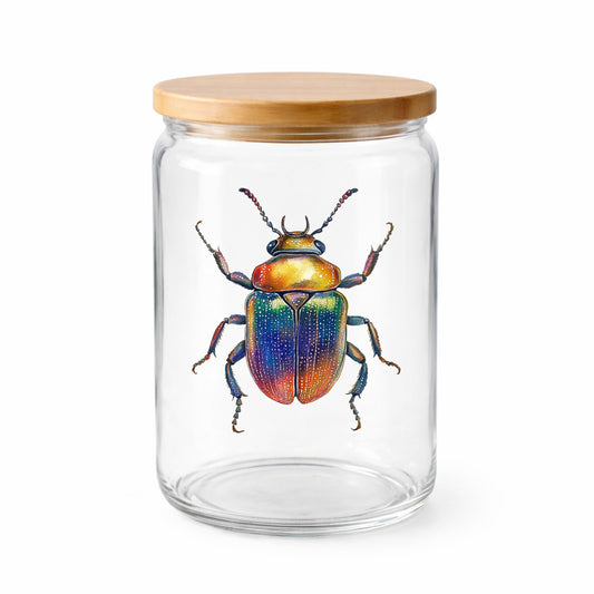Horned Rainbow Beetle UV DTF sticker applied to a clear glass jar with a wooden lid