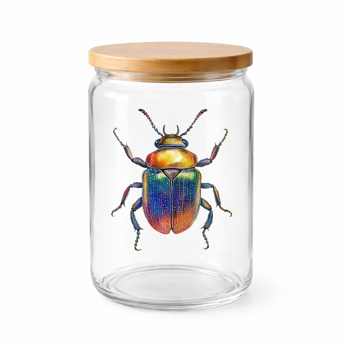 Horned Rainbow Beetle UV DTF sticker applied to a clear glass jar with a wooden lid