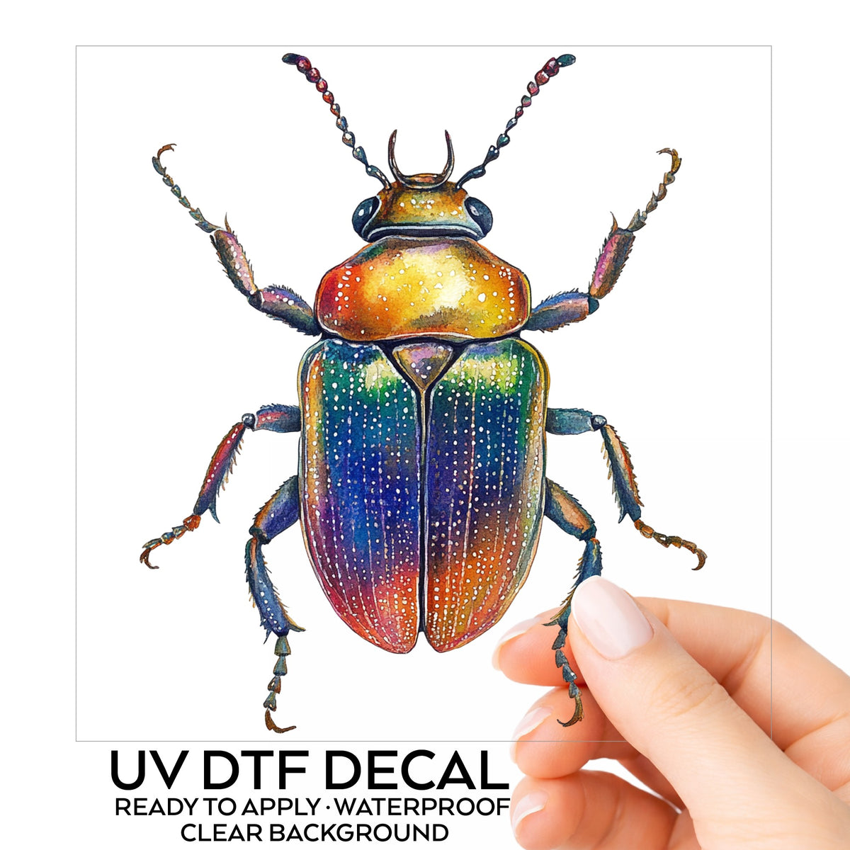 Horned Rainbow Beetle UV DTF sticker on its backing card, held in hand