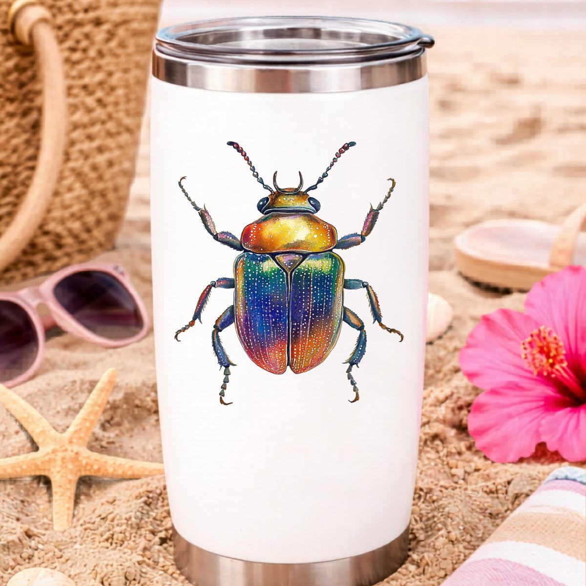 Horned Rainbow Beetle UV DTF sticker applied to a white travel tumbler on beach sand