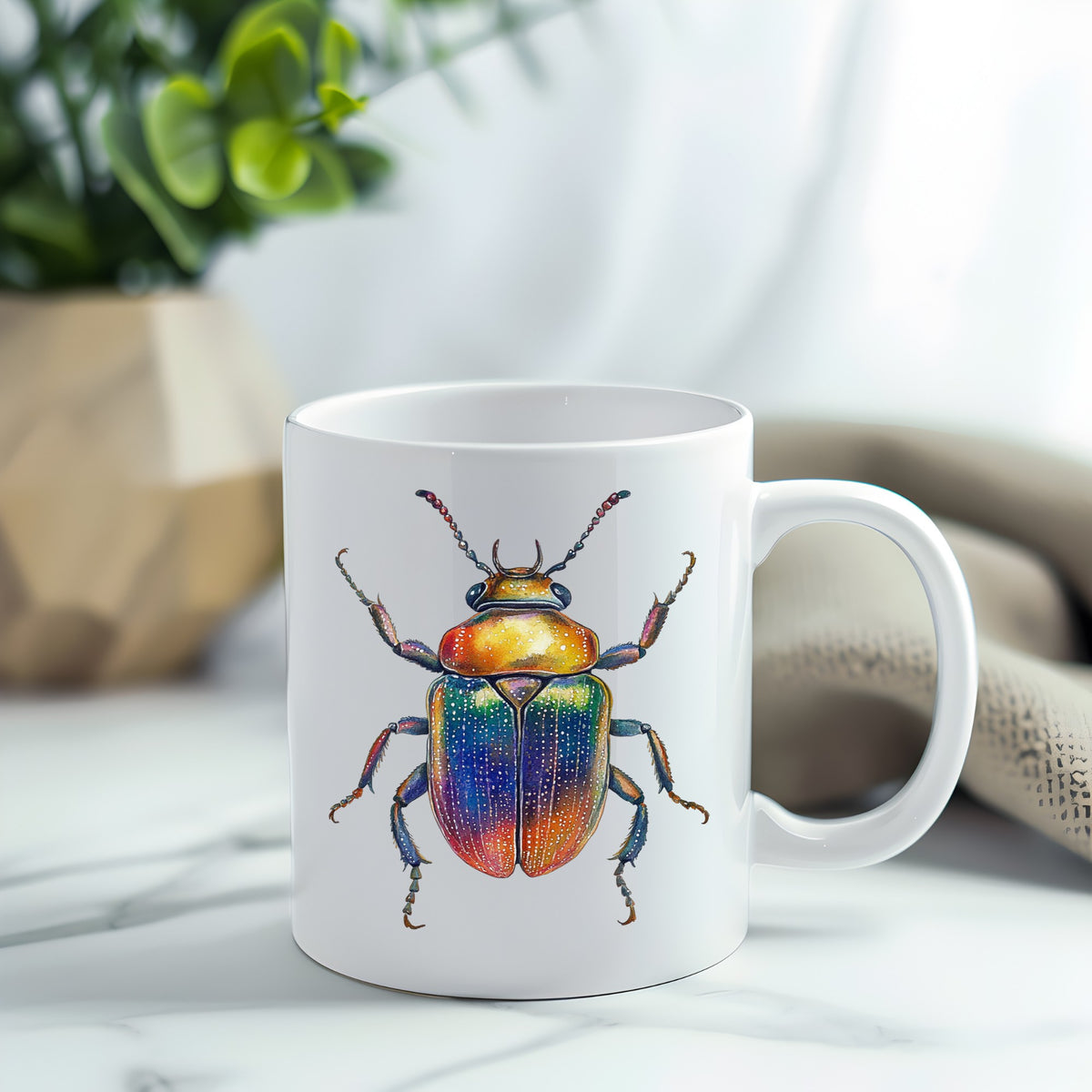 Horned Rainbow Beetle UV DTF sticker applied to a white coffee mug