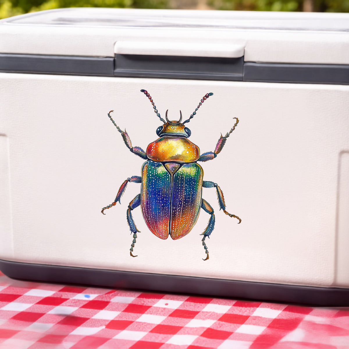 Horned Rainbow Beetle UV DTF sticker applied to a white cooler on a red gingham cloth