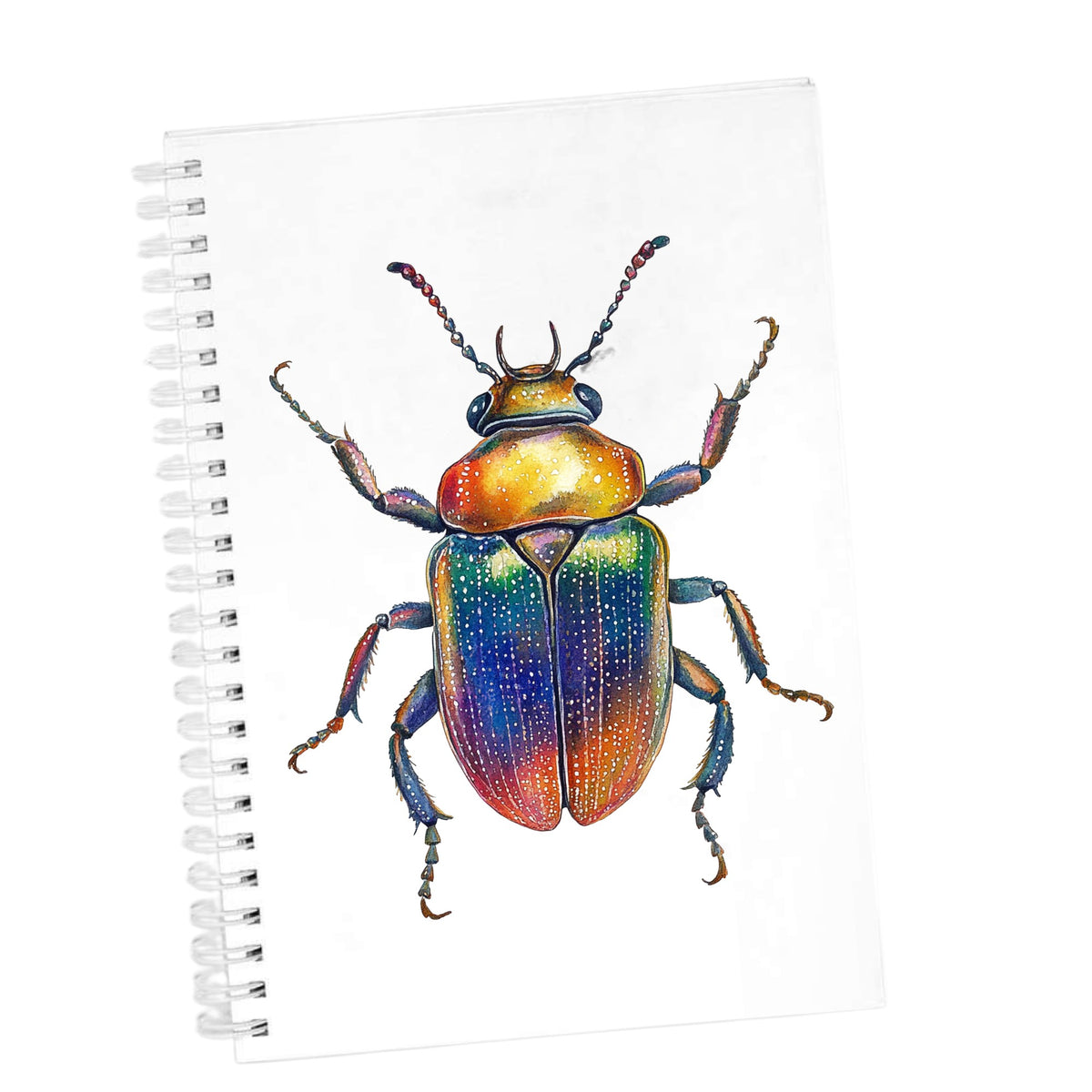 Horned Rainbow Beetle UV DTF sticker applied to the cover of a white spiral journal