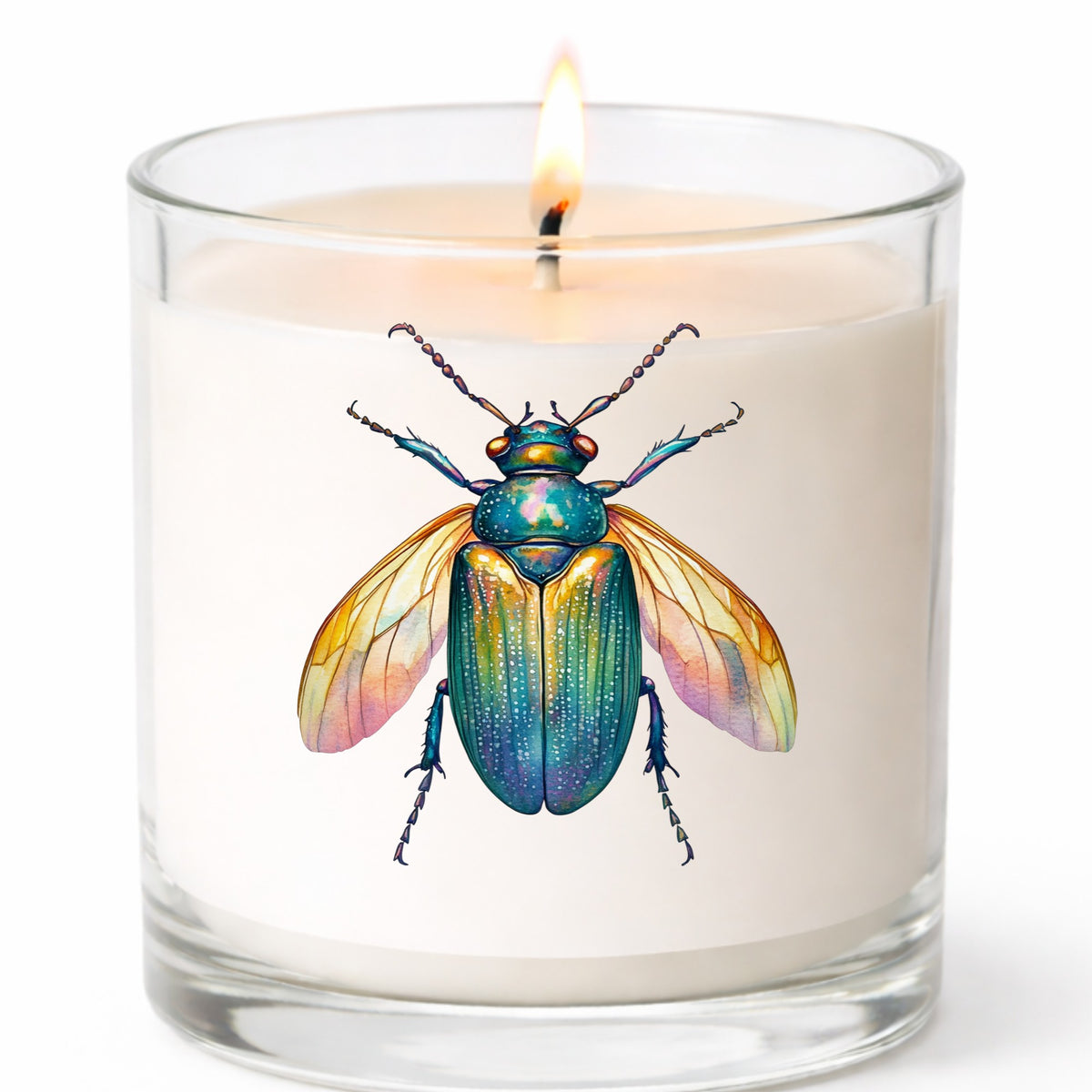 Golden Winged Flying Beetle UV DTF sticker applied to a white candle in a clear glass jar
